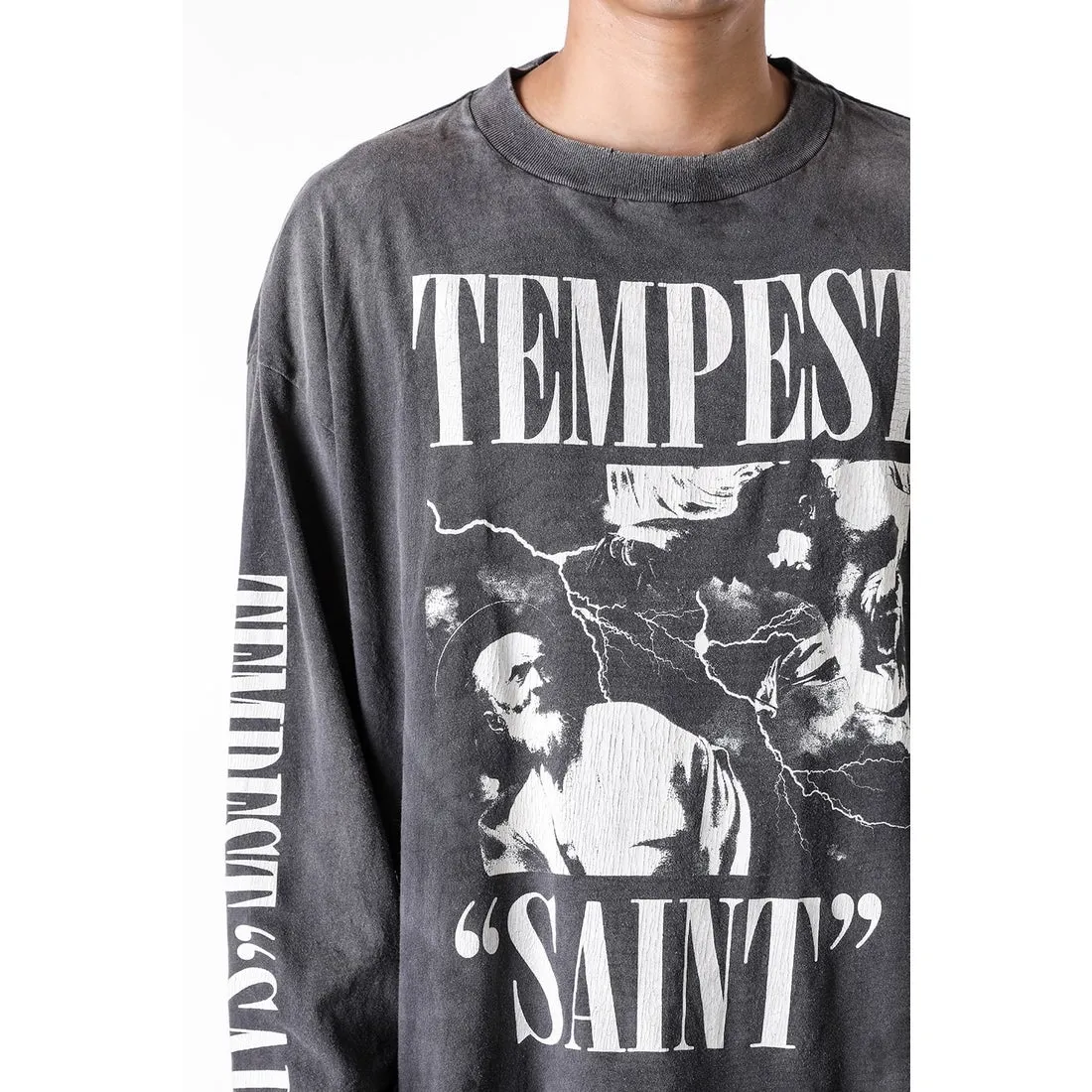 SAINT Mxxxxxx LS TEE/TEMPEST/BLK 'TEMPEST SAINT' Storm Religious Saints Cracked Retro Vulcanized Heavy Wash Long Sleeves Washed Black S-XL Assute Dyeing Multi-bit Horse Fading Craftsmanship Grinding and Hanging Holes Full of Old Feeling Top Printing Craftsmanship Purchasing Level